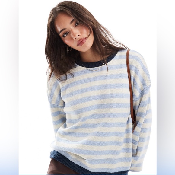 ASOS Sweaters - ASOS Design Knitted Sweater in Blue and Cream Stripe Balloon-Sleeve NWOT Size:XS